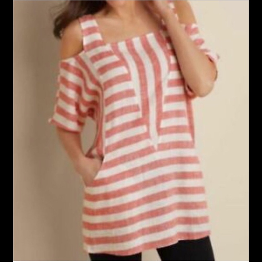 EUC Soft Surroundings Linen Blend Cold Shoulder Tunic Top SZ L Red/White